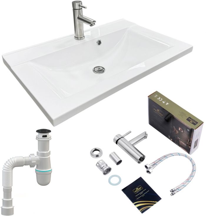 Набір для ванної кімнати, раковина, умивальник Adamant QUANTO 70, штучний камінь, прямокут., з сифоном Click-Clack + змішувач