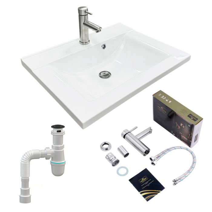 Набір для ванної кімнати, раковина, умивальник Adamant QUANTO 60, штучний камінь, прямокут., з сифоном Click-Clack + змішувач