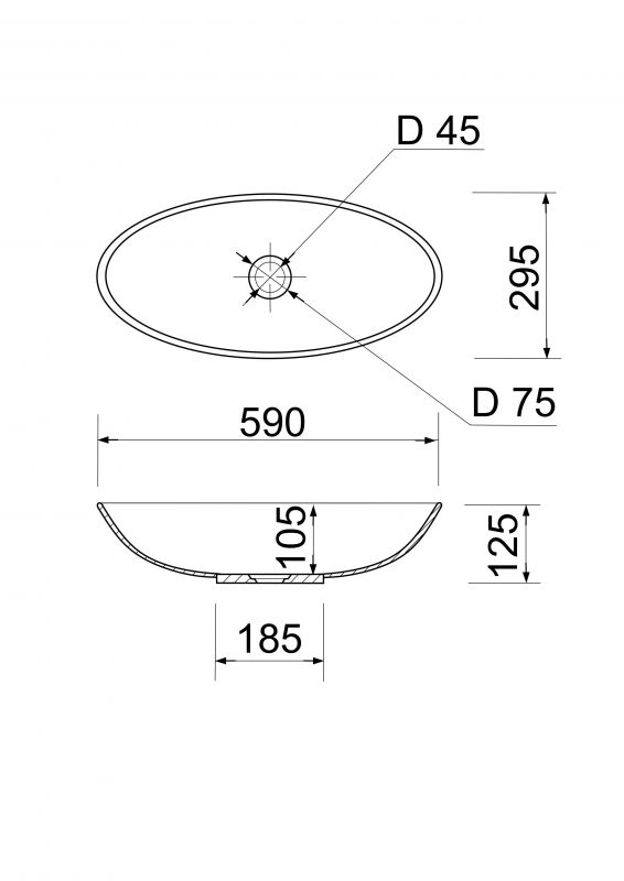 Раковина, умивальник Adamant ANDERE NEW, штучний камінь, овальна, без отвору для змішувача та переливу, 590х295х130мм, накладний, чорно-білий