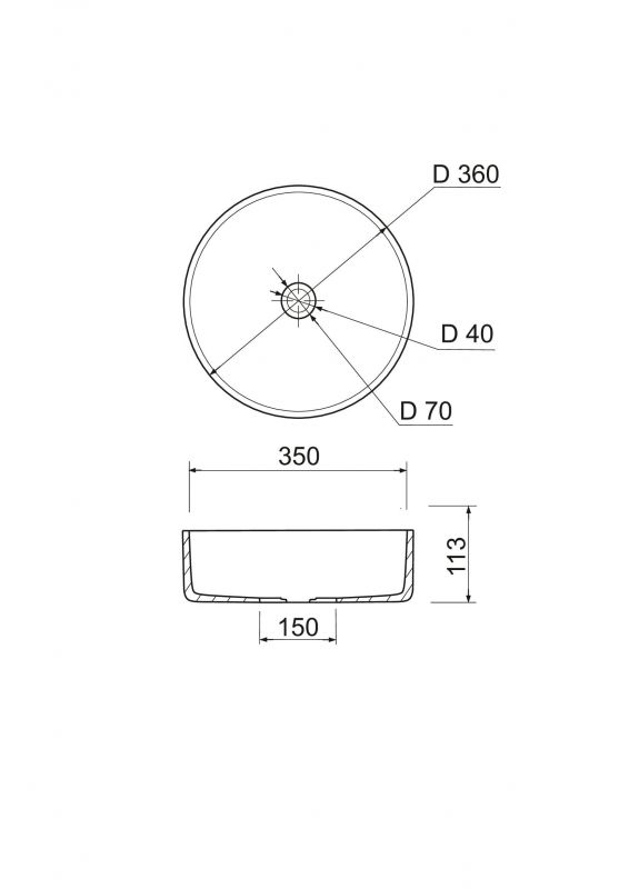 Раковина, умивальник Adamant ARENA, штучний камінь, кругла, без отвору для змішувача та переливу, 360х113мм, врезной, чорно-білий