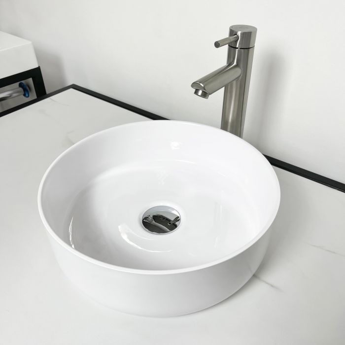 Раковина, умивальник Adamant ARENA, штучний камінь, кругла, без отвору для змішувача та переливу, 360х113мм, накладний, білий