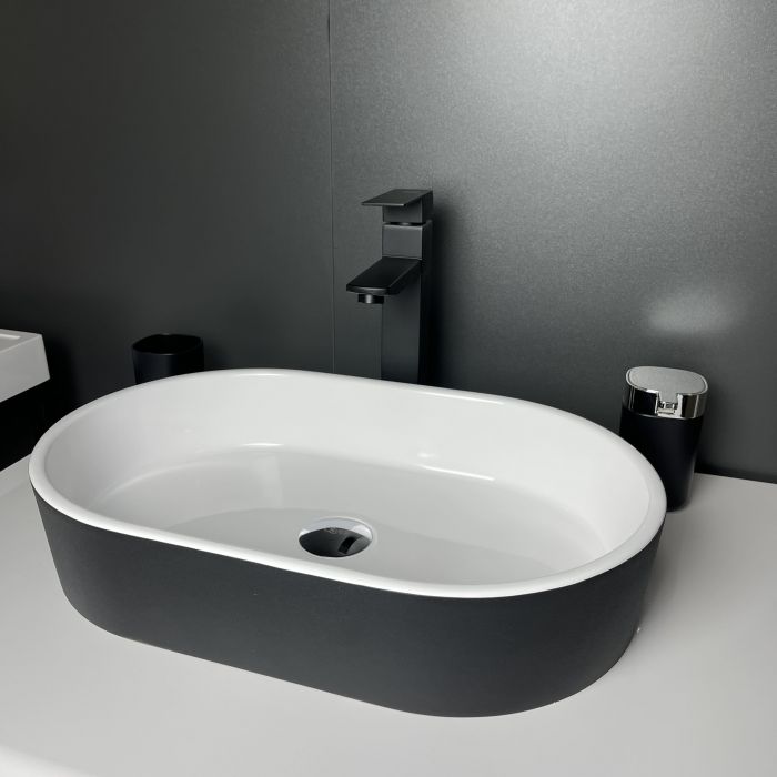 Раковина, умивальник Adamant BESTE NEW, штучний камінь, овальна, без отвору для змішувача та переливу, 540x350x11мм, накладний, чорно-білий
