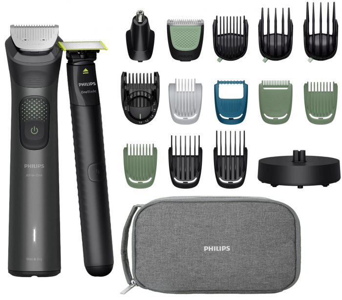 Тример Philips Series 9000, для обличчя, голови, тіла, акум., насадок-19, OneBlade в компл., сталь, сірий