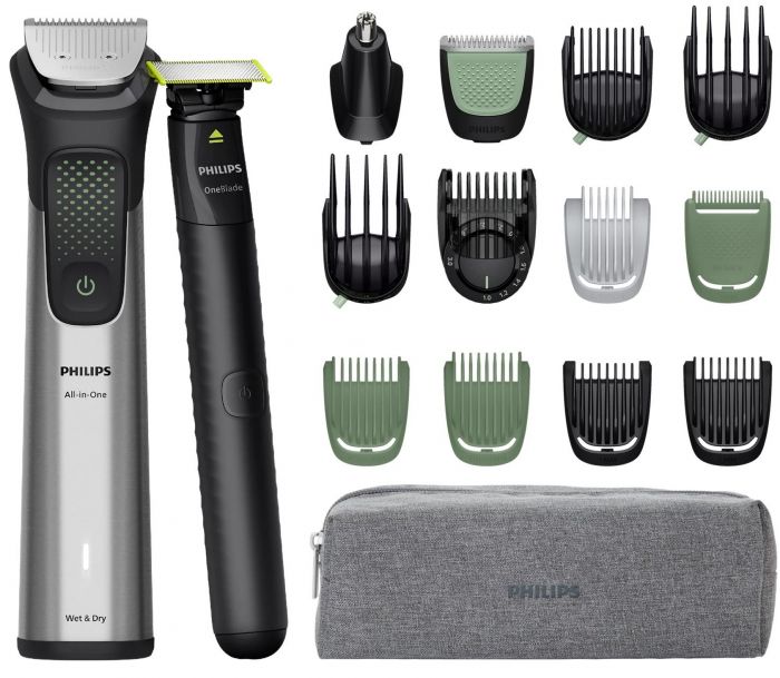 Тример Philips Series 9000, для обличчя, голови, тіла, акум., насадок-17, OneBlade в компл., сталь, сірий