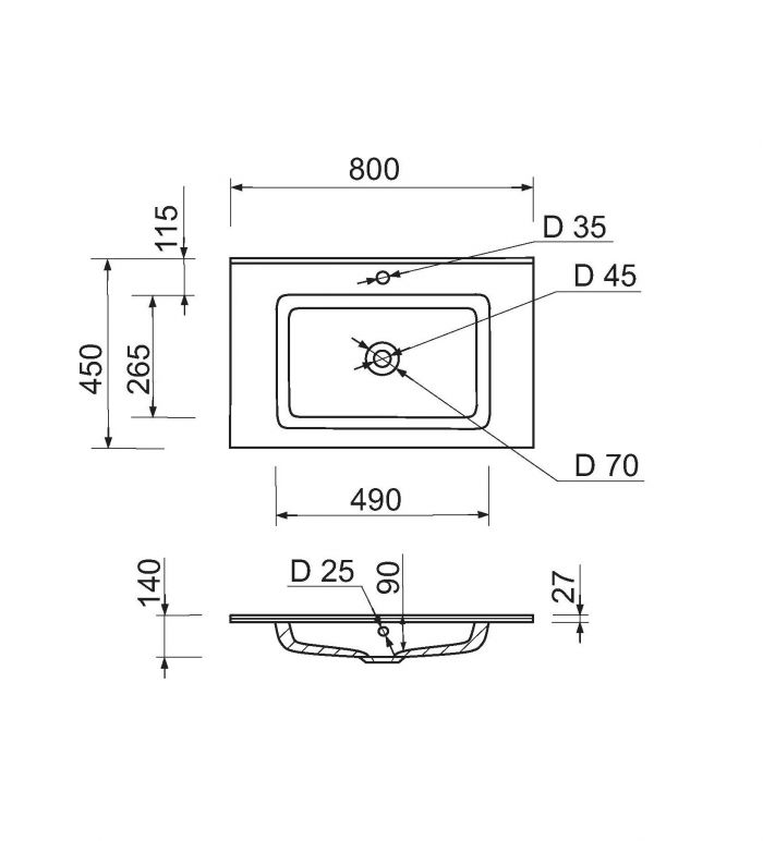 Раковина, умивальник Adamant FLATE, штучний камінь, прямокут., з отвором для змішувача, з отвором для переливу, 800х450х140мм, накладний, білий