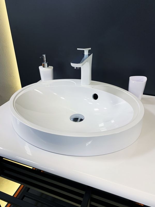 Раковина, умивальник Adamant Lauf New, штучний камінь, овальна, без отвору для змішувача, з отвором для переливу, 540х445х130мм, накладний, білий