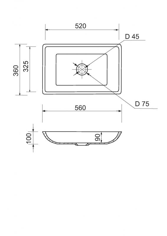 Раковина, умивальник Adamant LOWER, штучний камінь, прямокут., без отвору для змішувача та переливу, 560x360x100мм, накладний, білий