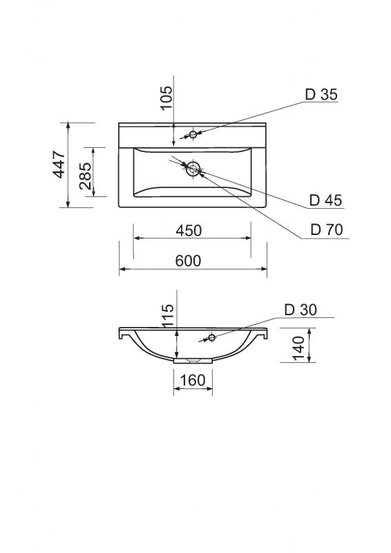 Раковина, умивальник Adamant QUANTO, штучний камінь, прямокут., з отвором для змішувача, з отвором для переливу, 600х447х140мм, накладний, білий