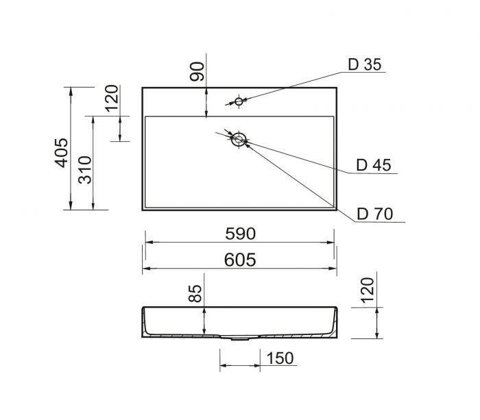 Раковина, умивальник Adamant SLENDER, штучний камінь, прямокут., з отвором для змішувача, без переливу, 605x405x120мм, накладний, білий