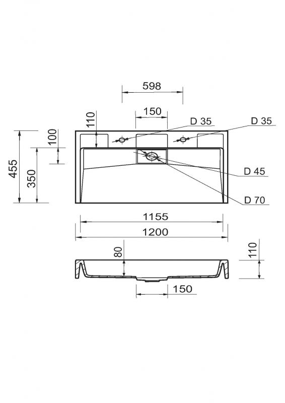 Раковина, умивальник Adamant VISION, штучний камінь, прямокут., з отвором для змішувача, без переливу, 1200х455х110мм, накладний, білий