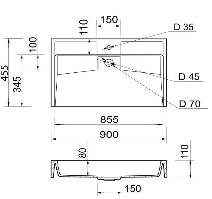 Раковина, умивальник Adamant VISION, штучний камінь, прямокут., з отвором для змішувача, без переливу, 900х455х110мм, накладний, білий