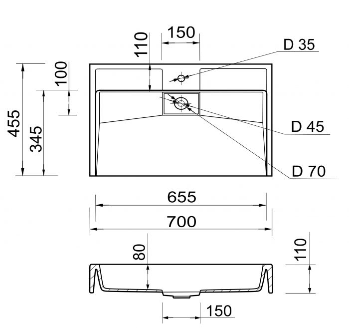 Раковина, умивальник Adamant VISION, штучний камінь, прямокут., з отвором для змішувача, без переливу, 700х455х110мм, накладний, білий