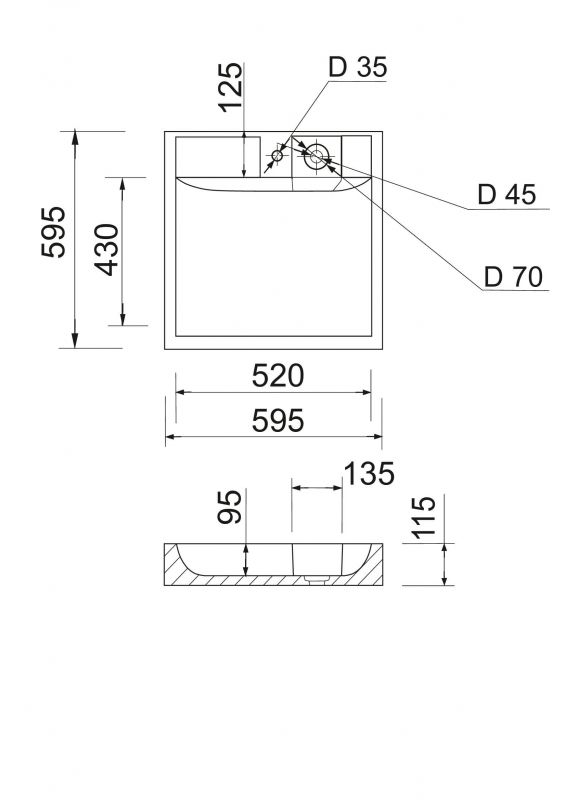 Раковина, умивальник Adamant WASHER NEW, штучний камінь, прямокут., з отвором для змішувача, без переливу, 595х595х115мм, накладний, білий