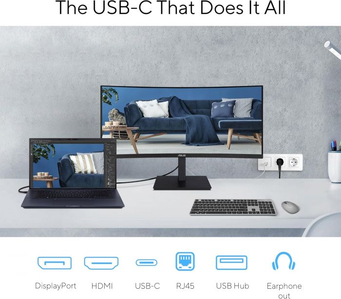 Монітор Asus 34" VA34VCPSR HDMI, DP, USB-C, 3xUSB, RJ-45, MM, VA, 3440x1440, 21:9, 100Hz, 4ms, CURVED, AdaptiveSync, HAS