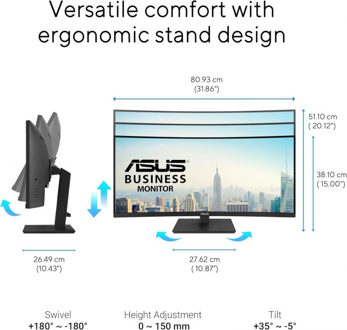 Монітор Asus 34" VA34VCPSR HDMI, DP, USB-C, 3xUSB, RJ-45, MM, VA, 3440x1440, 21:9, 100Hz, 4ms, CURVED, AdaptiveSync, HAS
