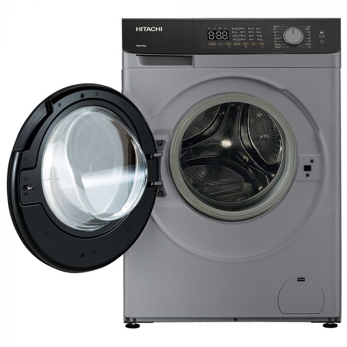 Пральна машина Hitachi фронтальна, 8кг, 1400, A+++, 60см, дисплей, пара, інвертор, люк чорний, cріблястий
