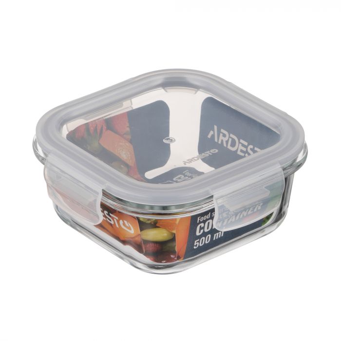 Контейнер для зберігання харчових продуктів Ardesto Gemini 0.5л, боросилікатне скло, пластик, квадратний, прозорий