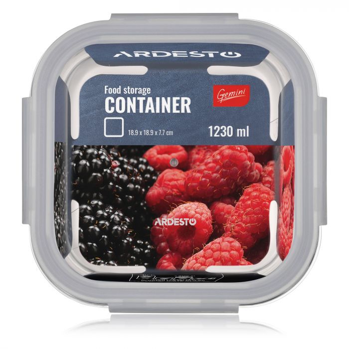 Контейнер для зберігання харчових продуктів Ardesto Gemini 1.23л, боросилікатне скло, пластик, квадратний, прозорий