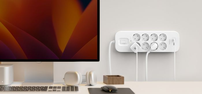 Подовжувач мережевий Belkin 2м, 8хТипF, 16А, USB-A/USB-C 18Вт, фільтр, білий