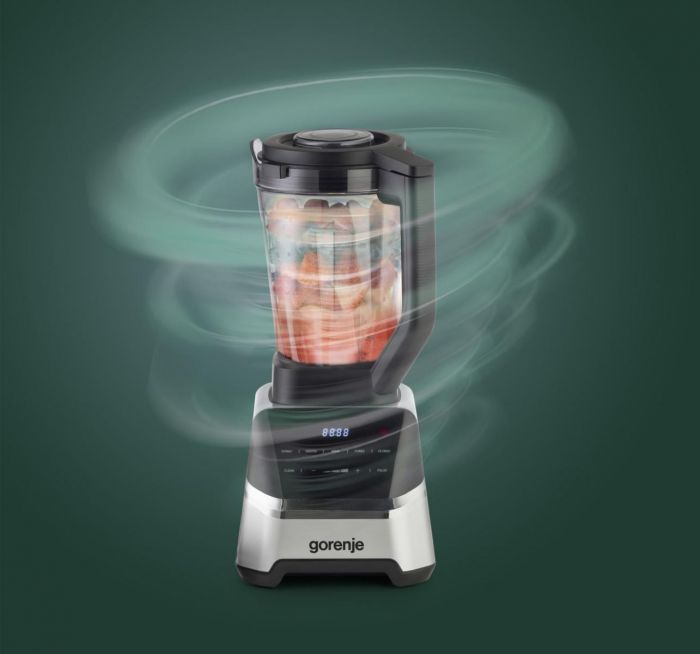 Блендер Gorenje стаціонарний 1500Вт, чаша-2000мл, дисплей, подрібнювач, чорний-нерж