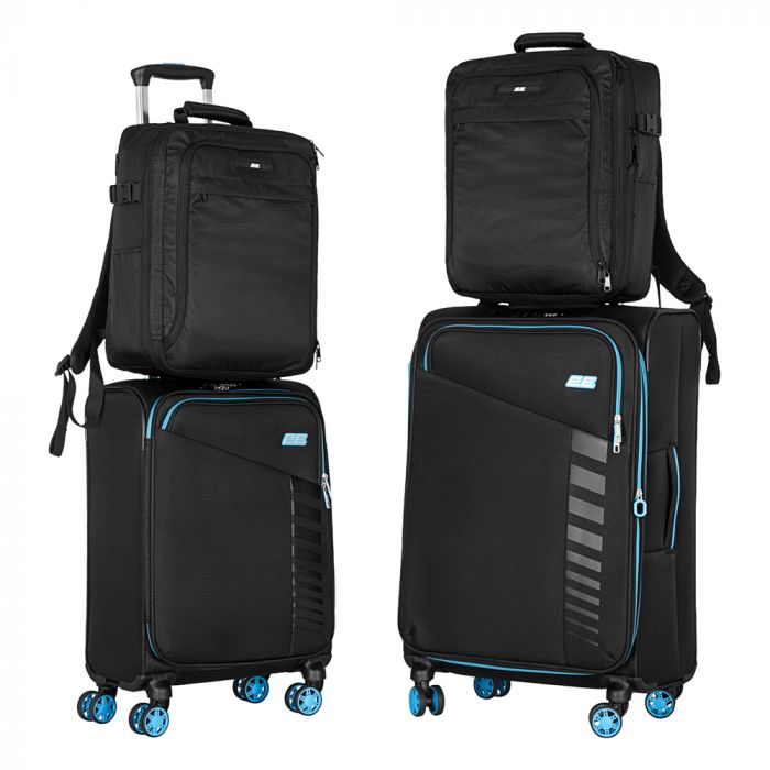 Набір валіз 2E, Trek, (M+S), TSA, 4 колеса, + 2 рюкзаки Cabin (2E-BPET-CABIN-BK), поліестр, чорний