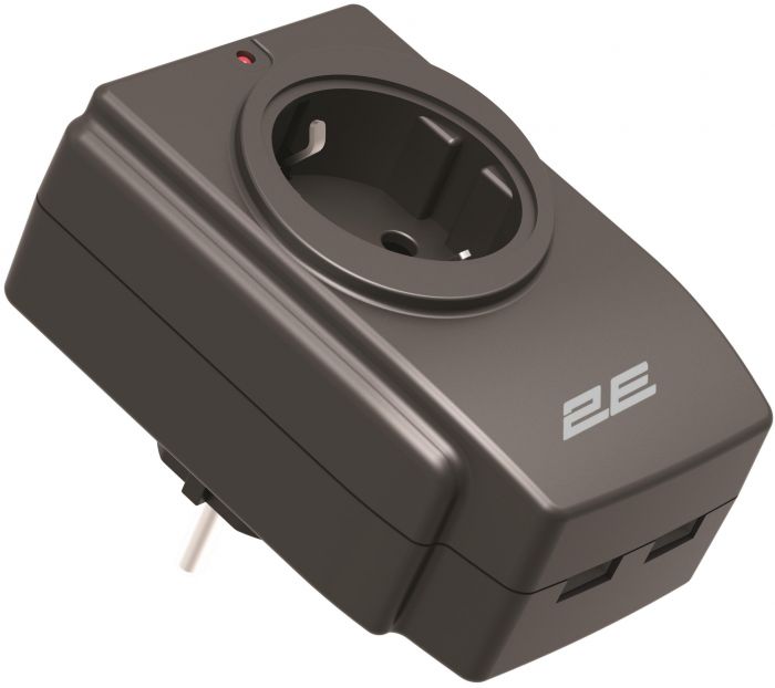 Адаптер мережевий 2E 1xТипF, 16A, 2*USB-A, фільтр, чорний
