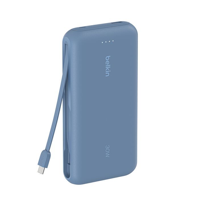 Акумулятор портативний літій-іонний Power Bank Belkin 20000мА·год, 30Вт, з інтегрованим кабелем USB-C, синій