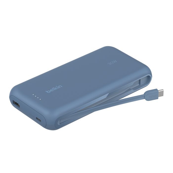 Акумулятор портативний літій-іонний Power Bank Belkin 20000мА·год, 30Вт, з інтегрованим кабелем USB-C, синій