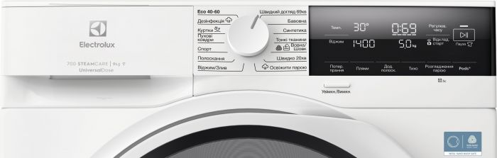 Пральна машина Electrolux фронтальна, 9кг, 1400, A, 60см, дисплей, пара, інвертор, universaldose, білий