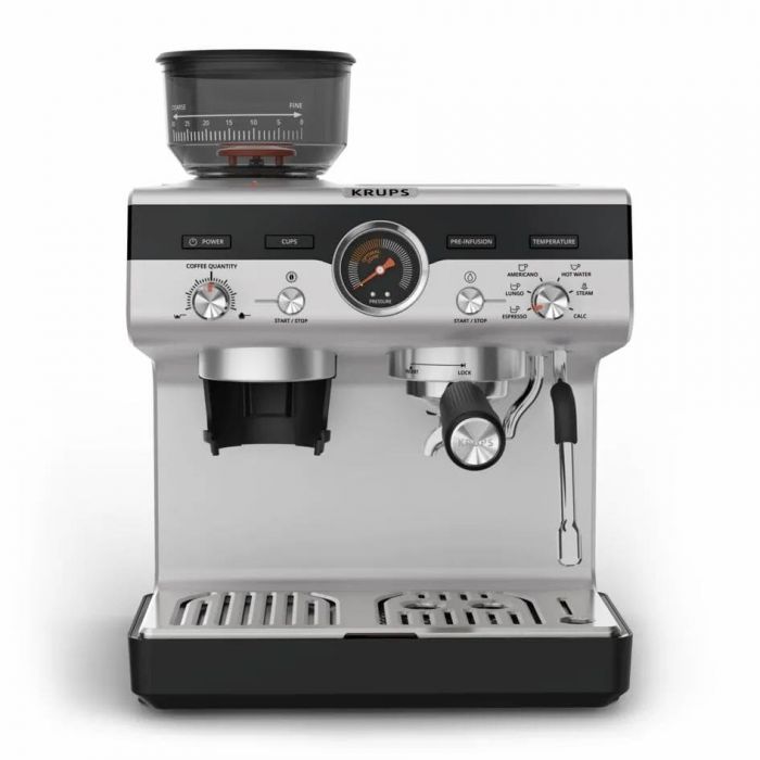 Кавоварка Krups ріжкова Precision+, 3.5л, вдубована кавомолка, ручний капучинатор, 15 бар, чорний-сірий