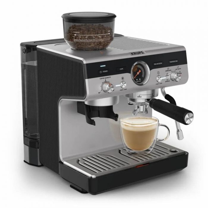 Кавоварка Krups ріжкова Precision+, 3.5л, вдубована кавомолка, ручний капучинатор, 15 бар, чорний-сірий