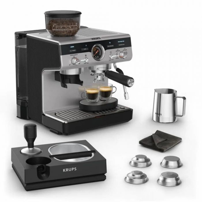 Кавоварка Krups ріжкова Precision+, 3.5л, вдубована кавомолка, ручний капучинатор, 15 бар, чорний-сірий