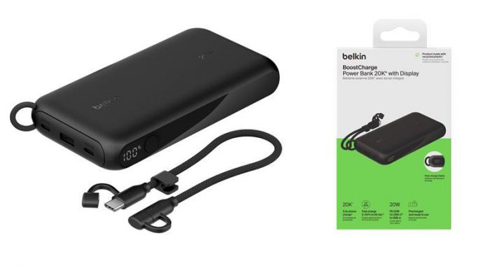 Акумулятор портативний літій-іонний Power Bank Belkin 20000мА·год, 20Вт, з дисплеєм, чорний