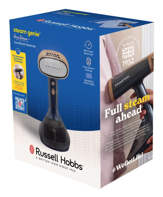 Відпарювач Russell Hobbs Genie VacuSteam, 1800Вт, 200мл, паровий удар -20гр, верт. відпарювання, керам. підошва, синій