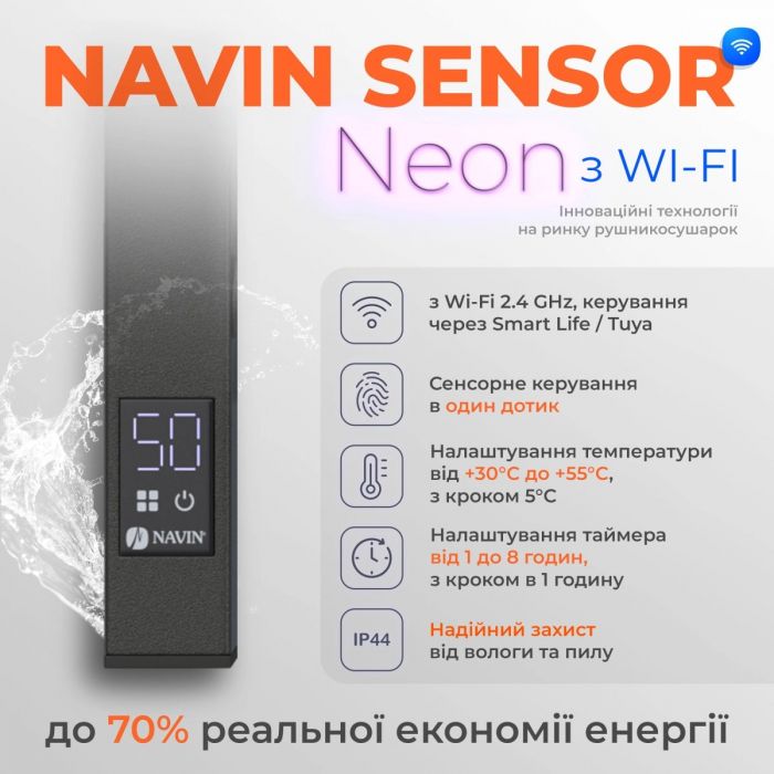 Рушникосушка Navin електрична Авангард Х, 1000х480х71мм, Wi-Fi, сталь, чорний муар, праве підключення