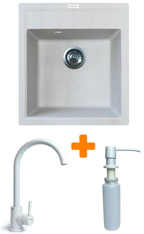 Набір кухонна Adamant Brick, штучний камінь, квадрат, без крила, 460x515x200мм, чаша - 1, врізна, Old stone + змішувач та дозатор