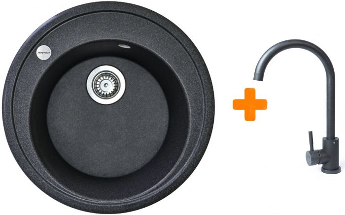 Набір кухонна Adamant Sun, штучний камінь, кругла, без крила, 510x200мм, чаша - 1, врізна, графіт + змішувач