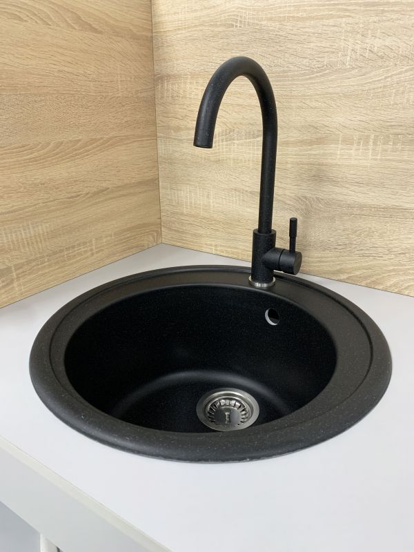 Набір кухонна Adamant Sun, штучний камінь, кругла, без крила, 510x200мм, чаша - 1, врізна, чорний + змішувач