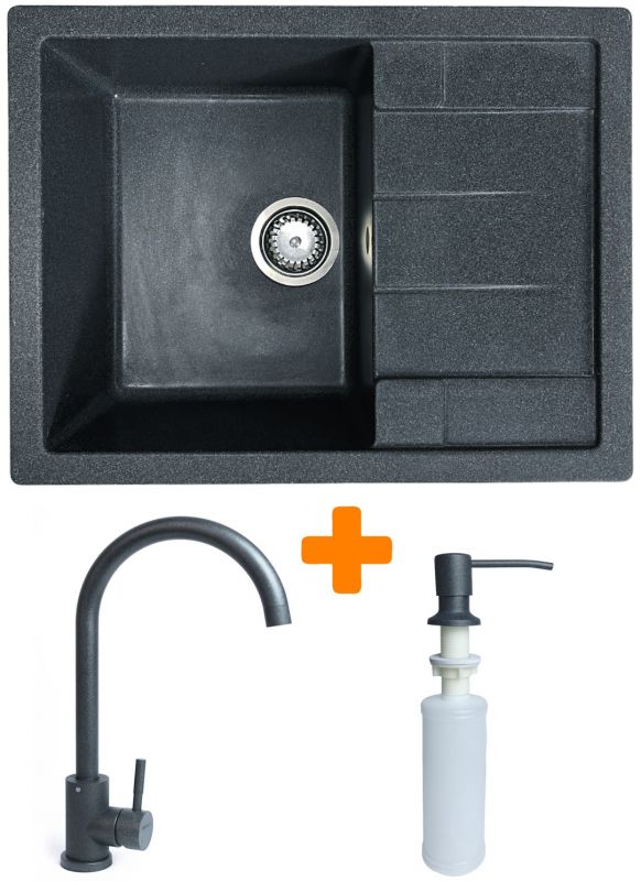 Набір кухонний Adamant Anila, штучний камінь, прямокут., з крилом, 645х495х200мм, чаша - 1, врізна, графіт + змішувач та дозатор