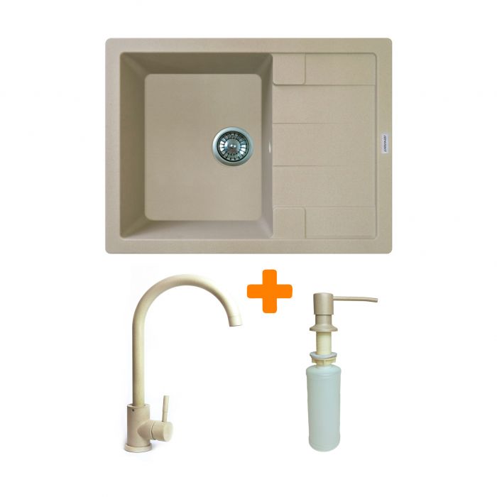 Набір кухонний Adamant Anila, штучний камінь, прямокут., з крилом, 645х495х200мм, чаша - 1, врізна, Сахара + змішувач та дозатор