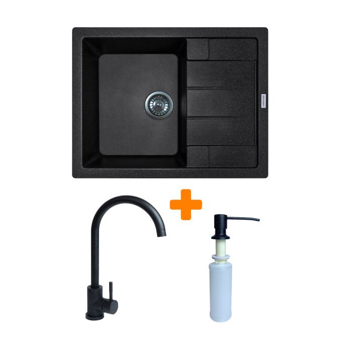 Набір кухонний Adamant Anila, штучний камінь, прямокут., з крилом, 645х495х200мм, чаша - 1, врізна, чорний + змішувач та дозатор