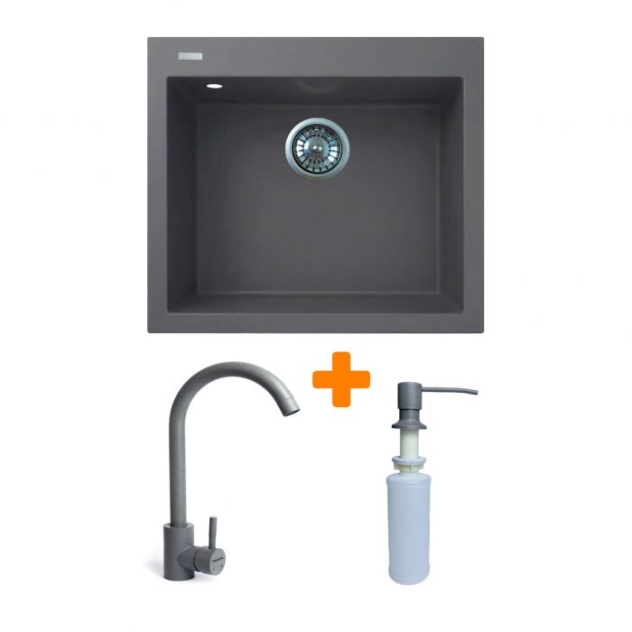 Набір кухонний Adamant Univer, штучний камінь, квадрат, без крила, 560х500х200мм, чаша - 1, врізна, сірий + змішувач та дозатор