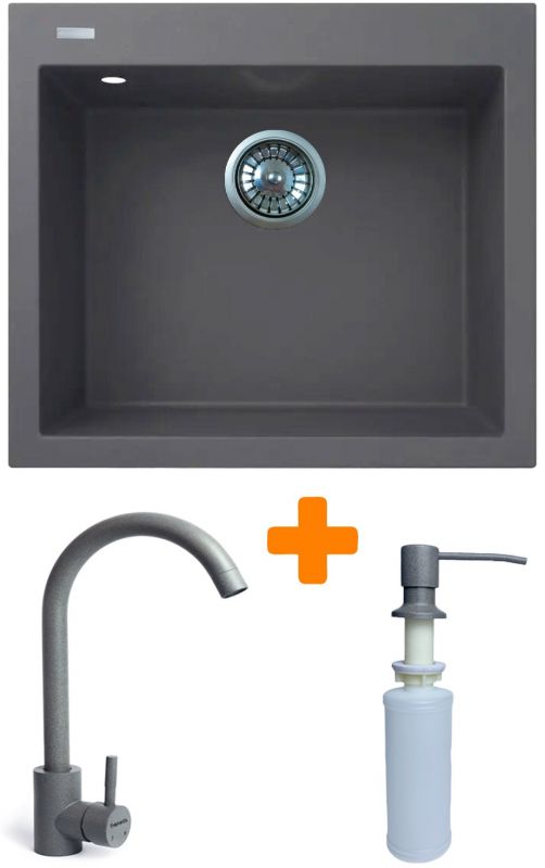 Набір кухонний Adamant Univer, штучний камінь, квадрат, без крила, 560х500х200мм, чаша - 1, врізна, сірий + змішувач та дозатор