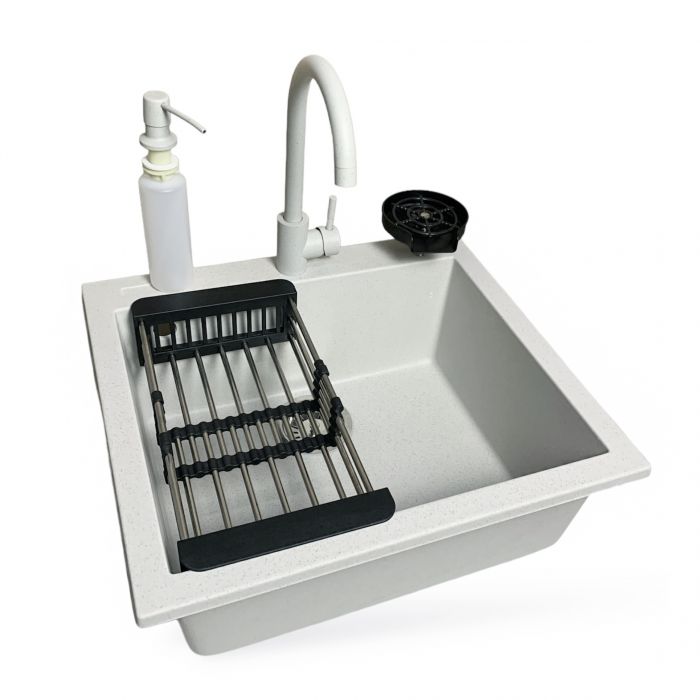 Набір кухонний Adamant Univer, штучний камінь, квадрат, без крила, 560х500х200мм, чаша - 1, врізна, Old stone + змішувач + дозатор + ополіскувач склянок + коландер