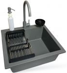 Набір кухонний Adamant Univer, штучний камінь, квадрат, без крила, 560х500х200мм, чаша - 1, врізна, сірий + змішувач + дозатор + ополіскувач склянок + коландер