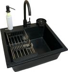 Набір кухонний Adamant Univer, штучний камінь, квадрат, без крила, 560х500х200мм, чаша - 1, врізна, чорний + змішувач + дозатор + ополіскувач склянок + коландер
