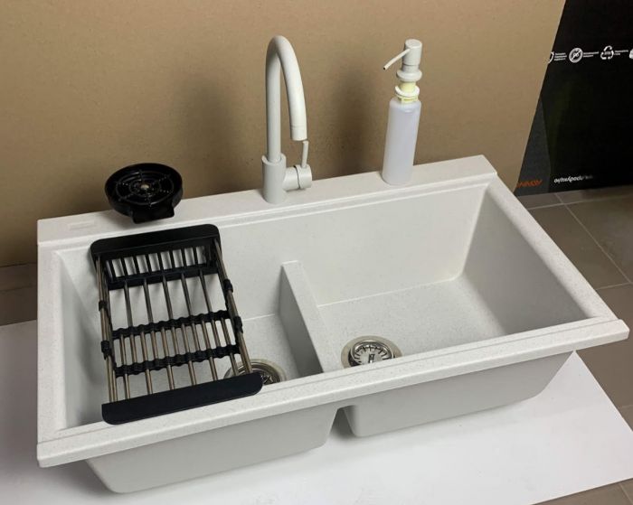 Набір кухонний Adamant Similar, штучний камінь, прямокут., без крила, 885x505x230мм, чаша - 2, врізна, Old stone + змішувач + дозатор + ополіскувач склянок + коландер