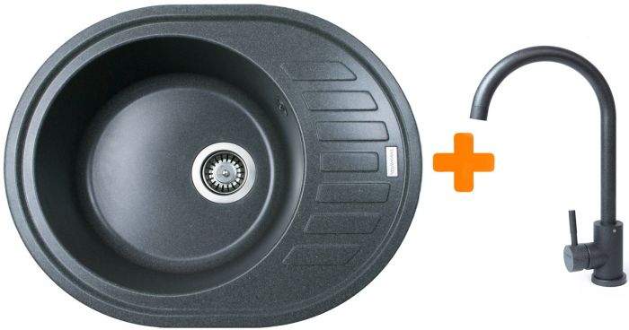 Набір кухонний Adamant Ovum, штучний камінь, овальна, з крилом, 615х495х200мм, чаша - 1, врізна, графіт + змішувач