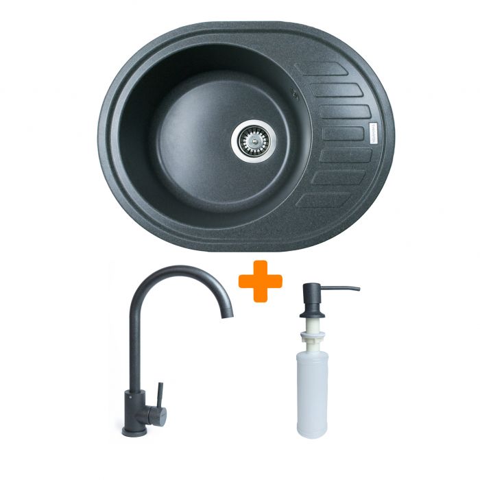 Набір кухонний Adamant Ovum, штучний камінь, овальна, з крилом, 615х495х200мм, чаша - 1, врізна, графіт + змішувач та дозатор