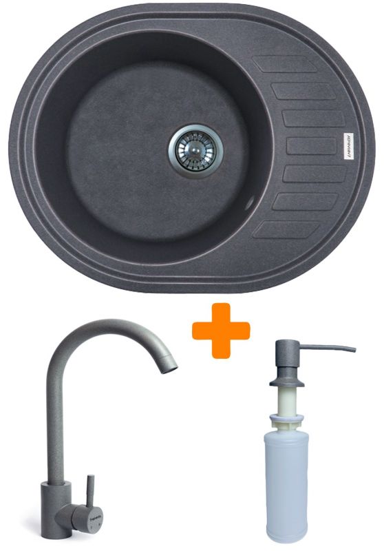 Набір кухонний Adamant Ovum, штучний камінь, овальна, з крилом, 615х495х200мм, чаша - 1, врізна, сірий + змішувач та дозатор